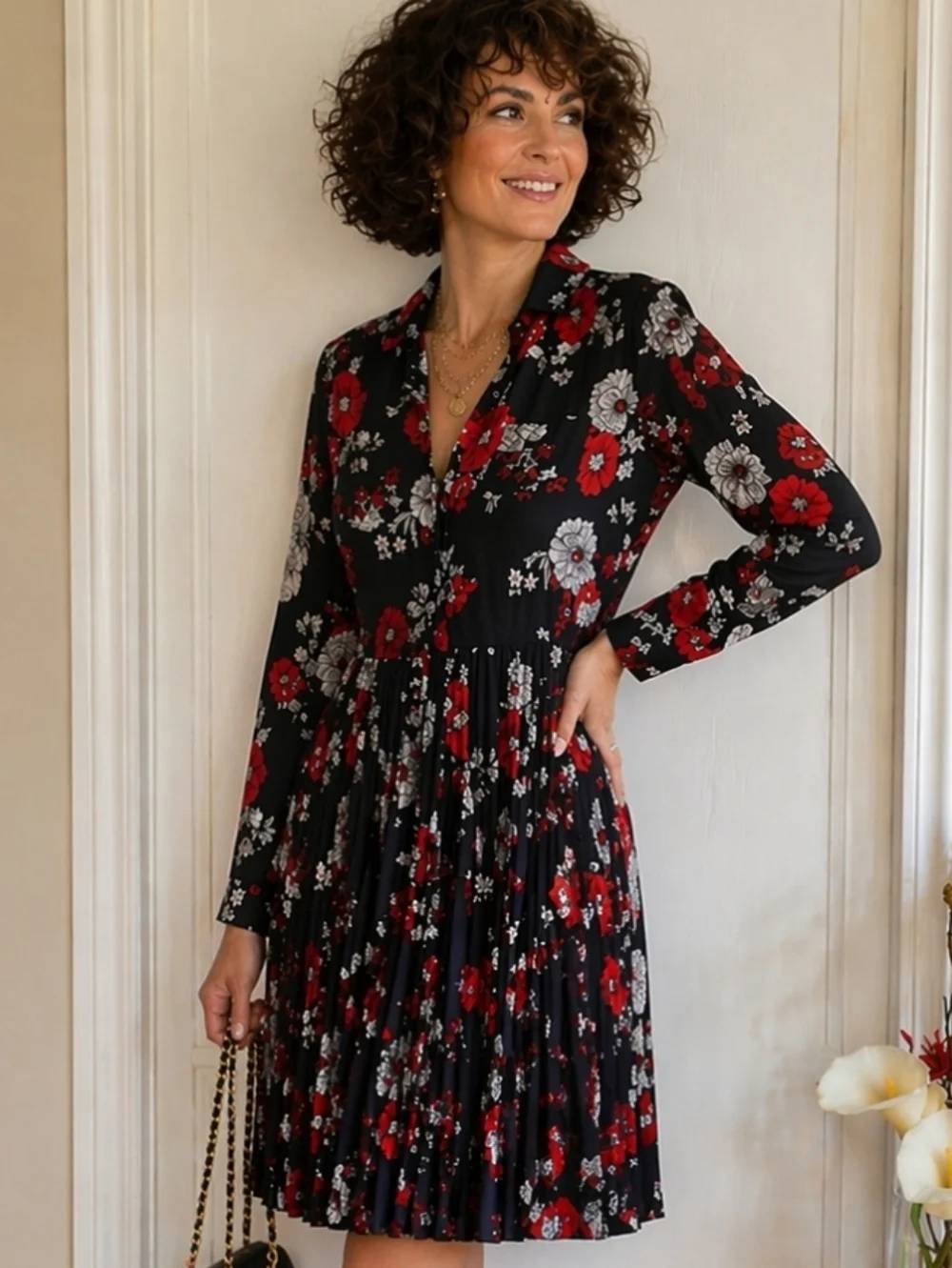 Brooks Brothers | Vintage Floral Dress Black Red Pleated Hem Collared Timeless - Picture 2 of 8